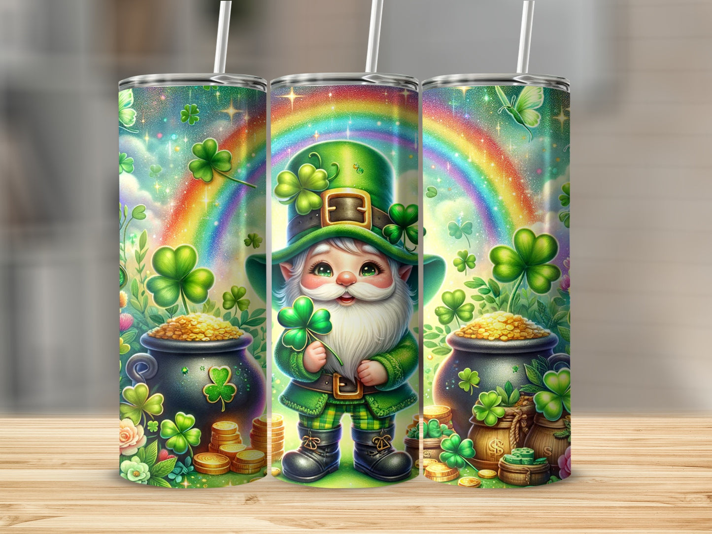St. Patrick's Day tumbler with gnome, rainbows, clovers, and pots of gold.