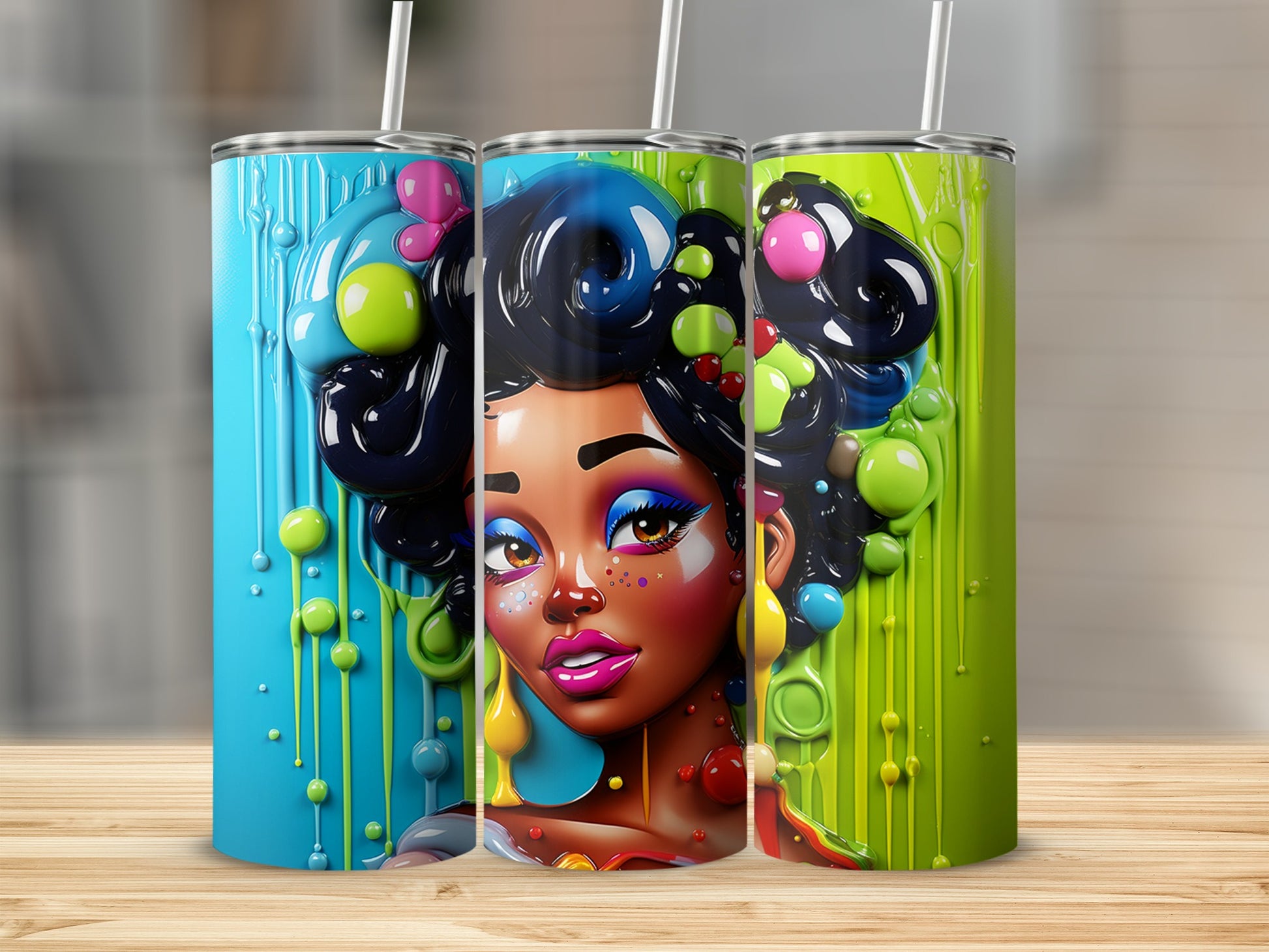 Vibrant 3D Bubble Art Tumbler With Colorful Portrait
