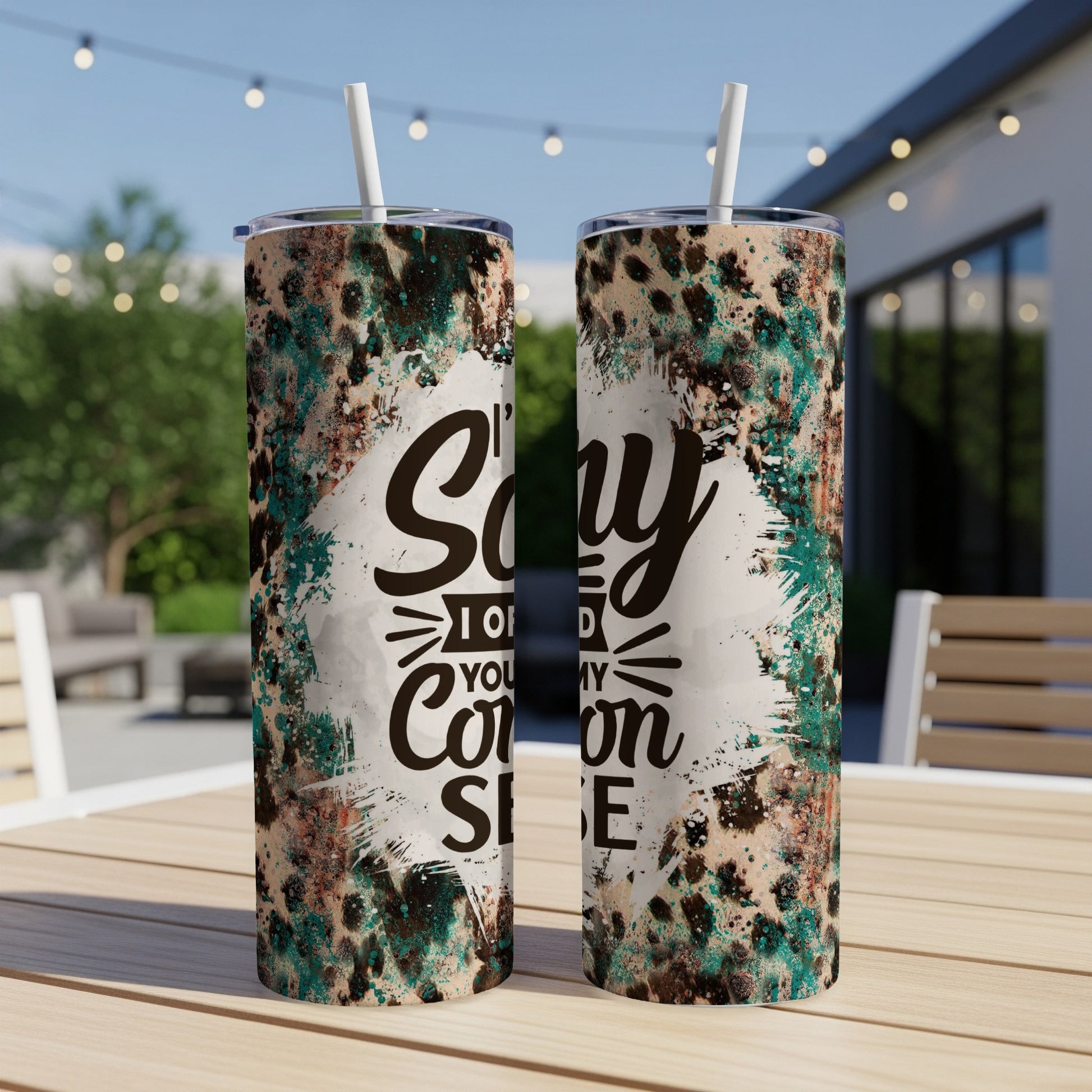 Two tumblers with "Sorry I'm only here for my Cotton" text and abstract pattern.