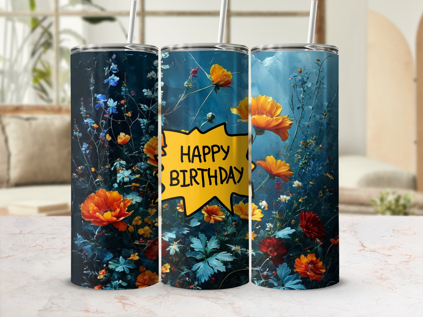 Dark blue tumbler with vibrant orange and red floral design and "Happy Birthday" speech bubble.
