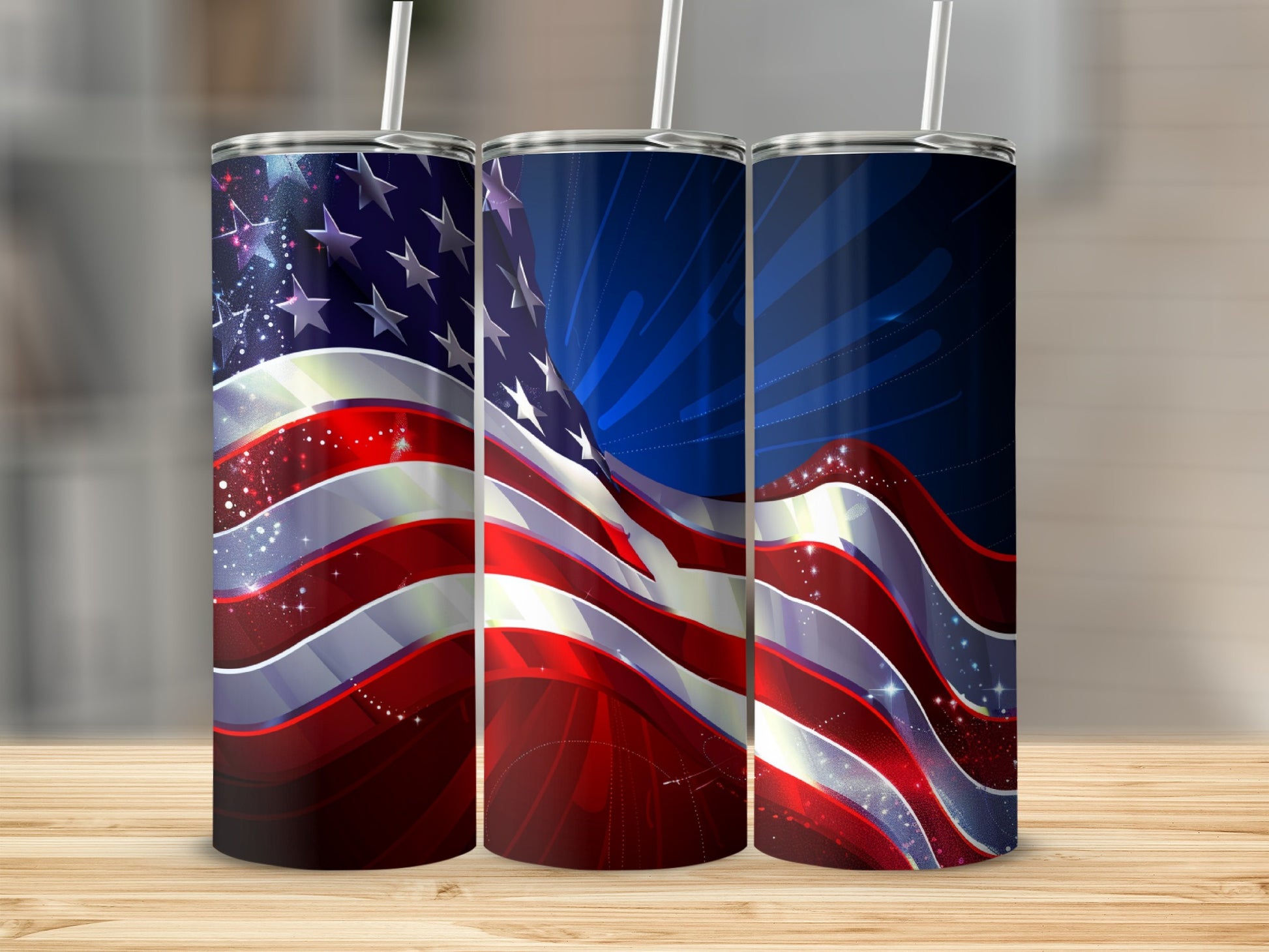 Three patriotic tumblers with American flag design and fireworks.