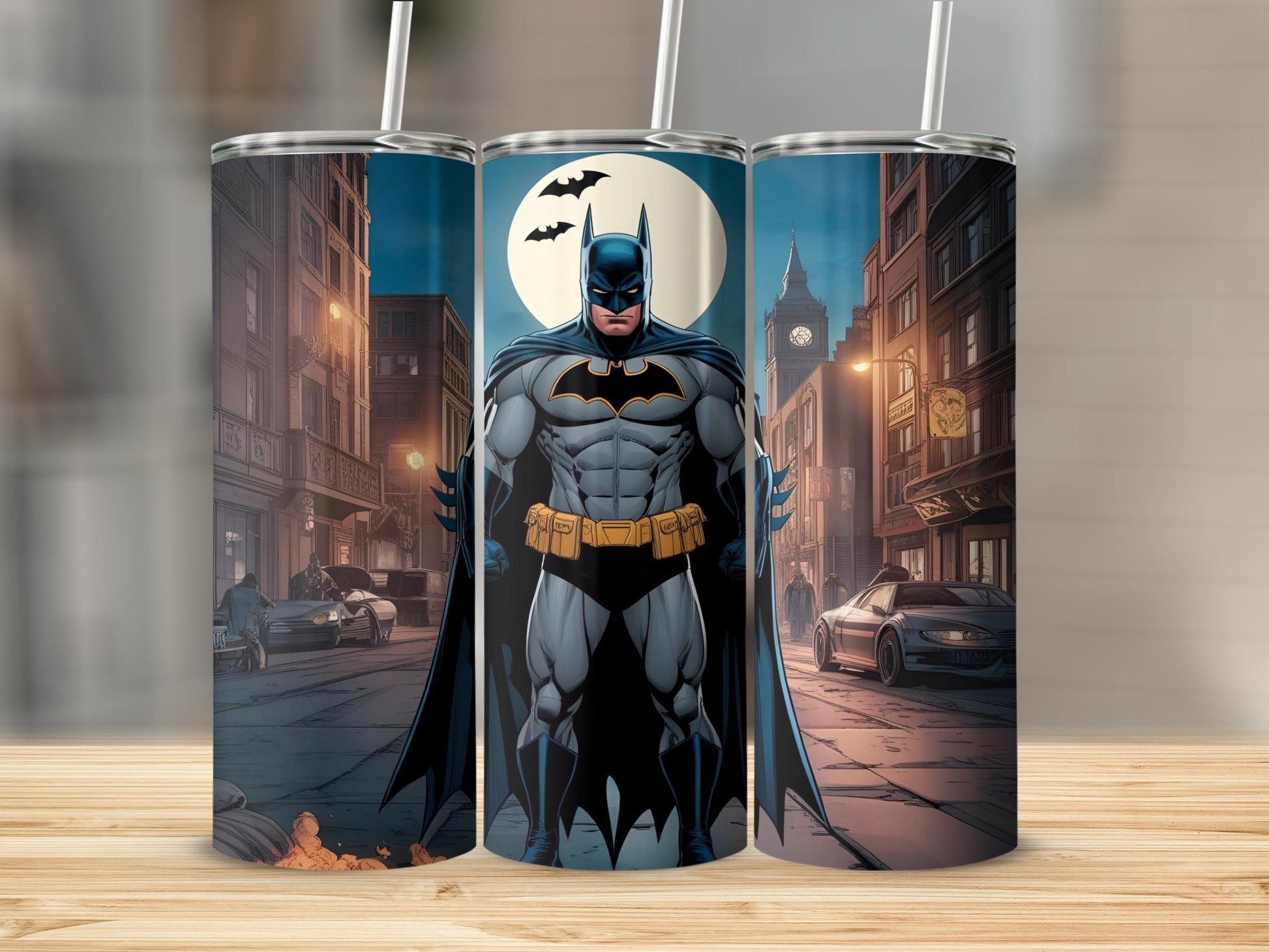 Batman standing on a city street with buildings and cars.