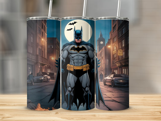 Batman standing on a city street with buildings and cars.