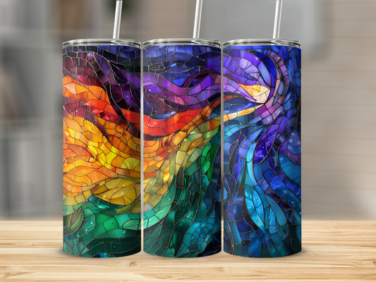 Three tumblers with stained glass patterns in vibrant rainbow and galaxy colors.