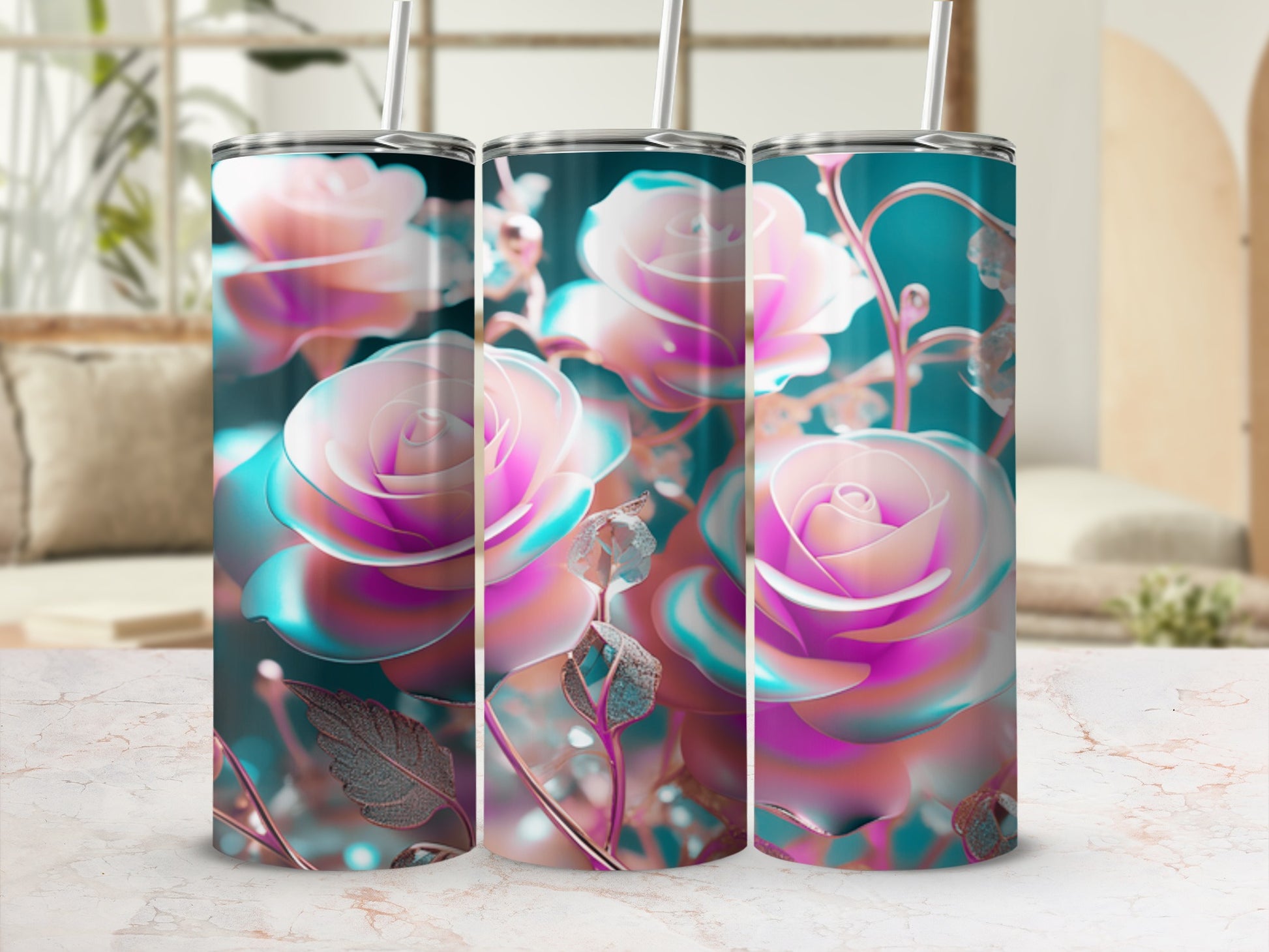Three tumblers with a iridescent rose floral design and straws.