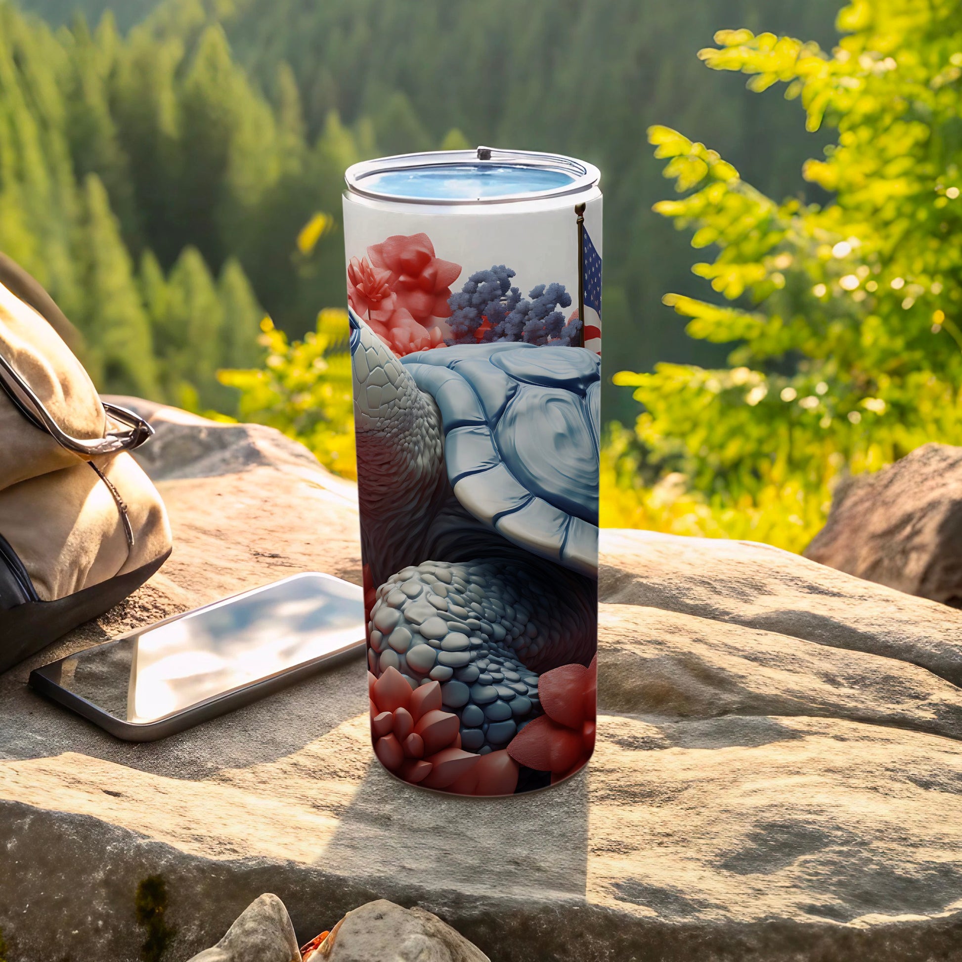 Tumbler with turtle, succulents, and American flag design.