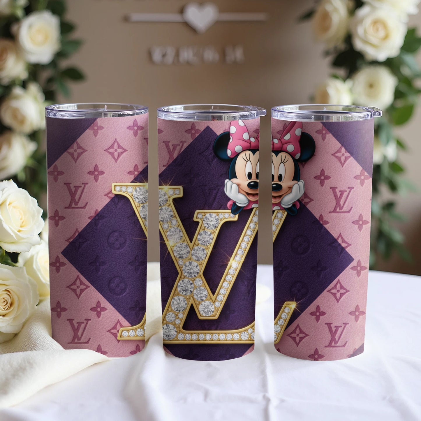 Stylish Minnie and LV Maroon Tumbler Set Design