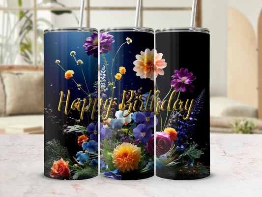 Floral "Happy Birthday" design on three black tumblers with straws.