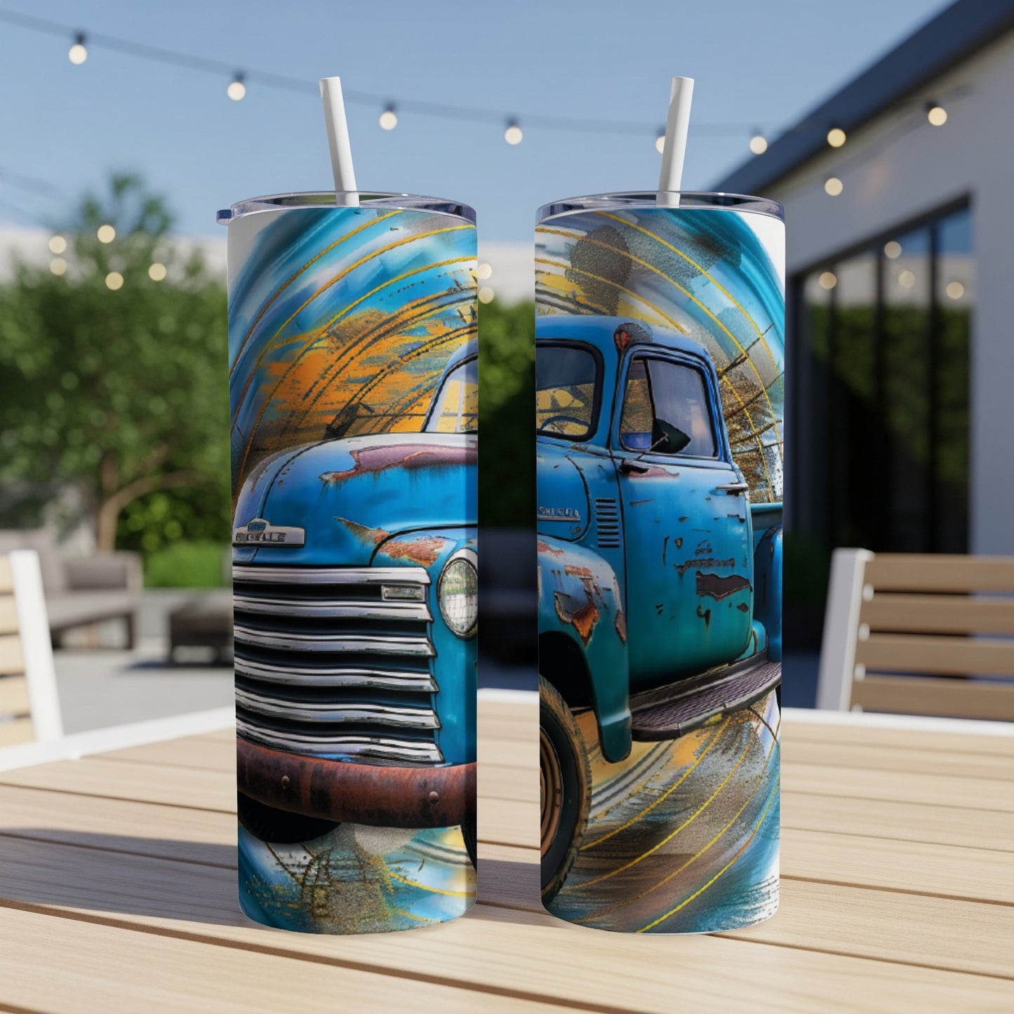 Two blue vintage trucks with gold abstract details on tumblers.