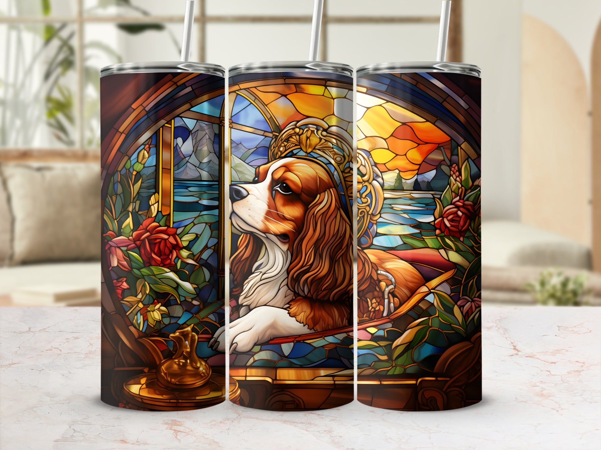 Three tumblers with Cavalier King Charles Spaniel stained glass design.