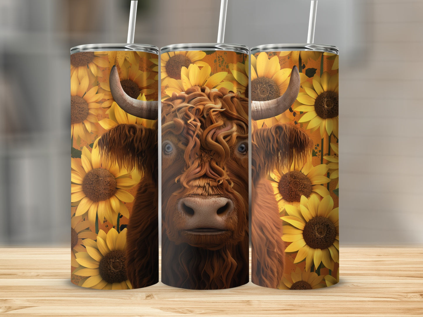 Three tumblers featuring a Highland cow and sunflowers.