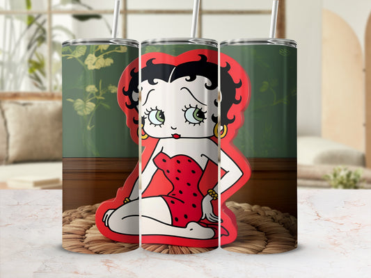 Betty Boop character in a red swimsuit on a tumbler with a straw.