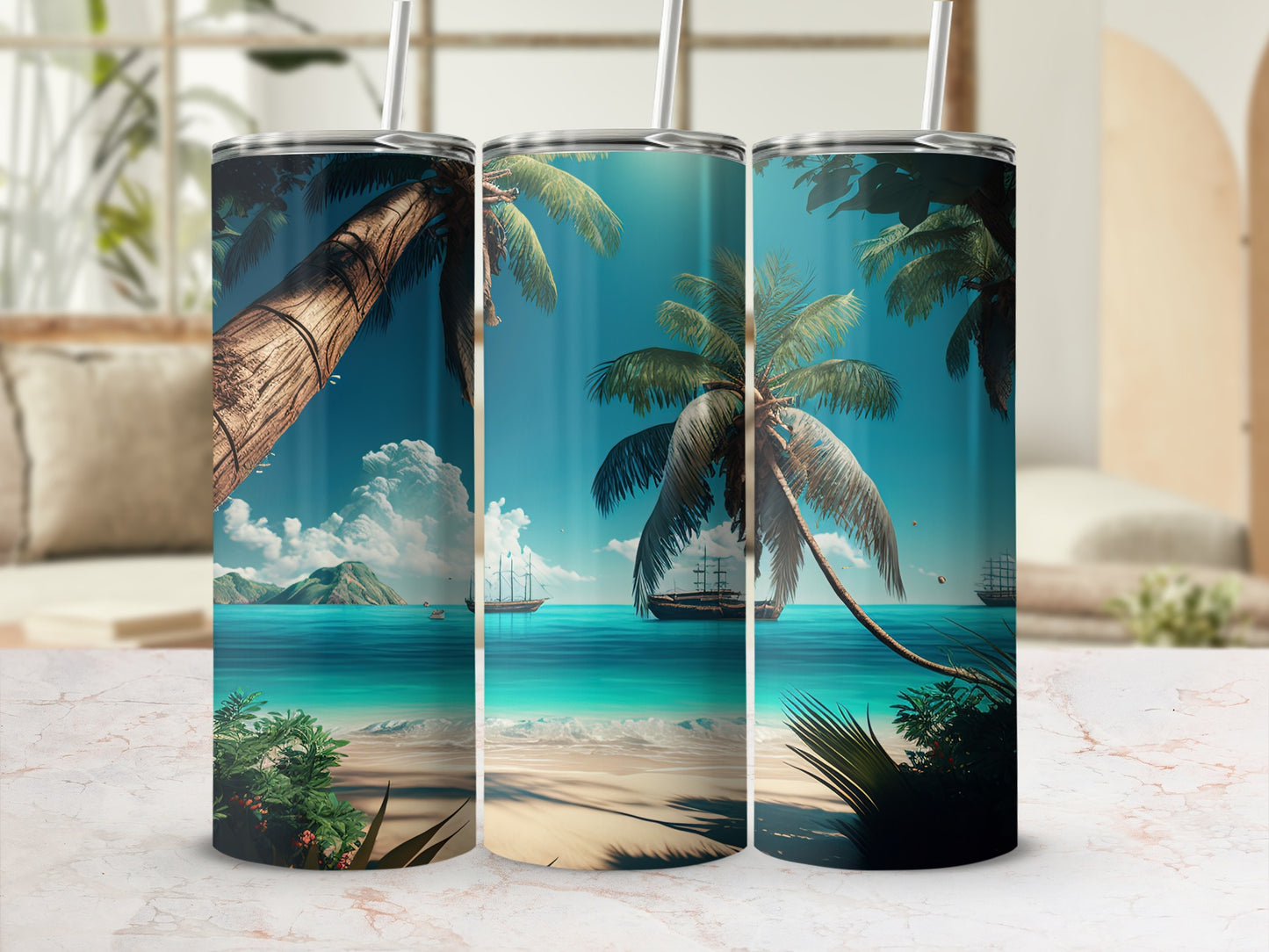 Tropical Beach Scene with Palm Trees Insulated Tumbler
