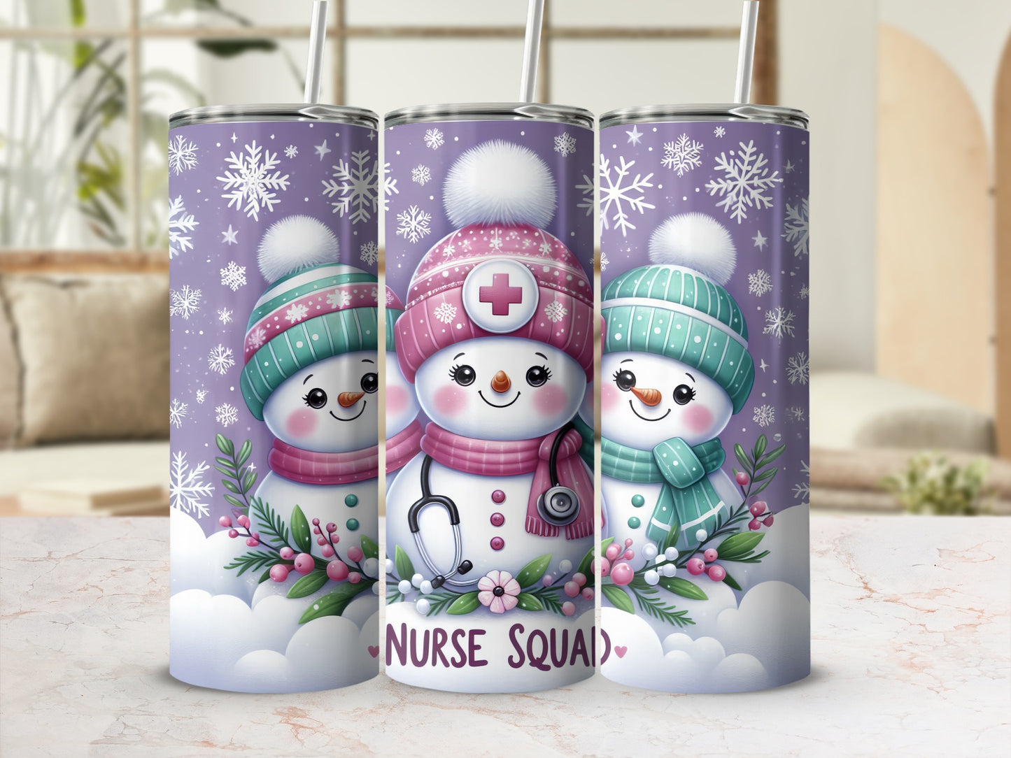 Three snowmen wearing nurse hats and scarves with "Nurse Squad" text.