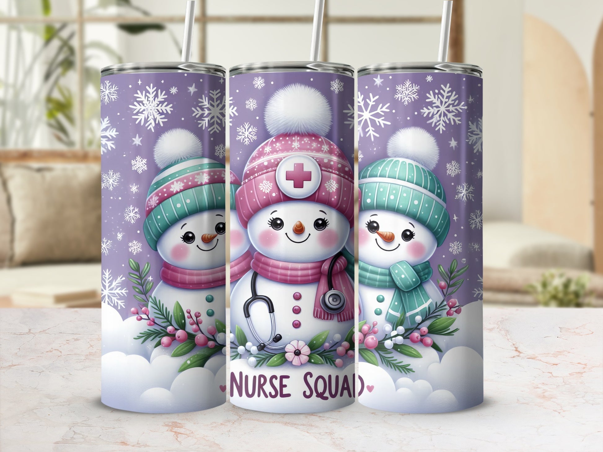 Three snowmen wearing nurse hats and scarves with "Nurse Squad" text.