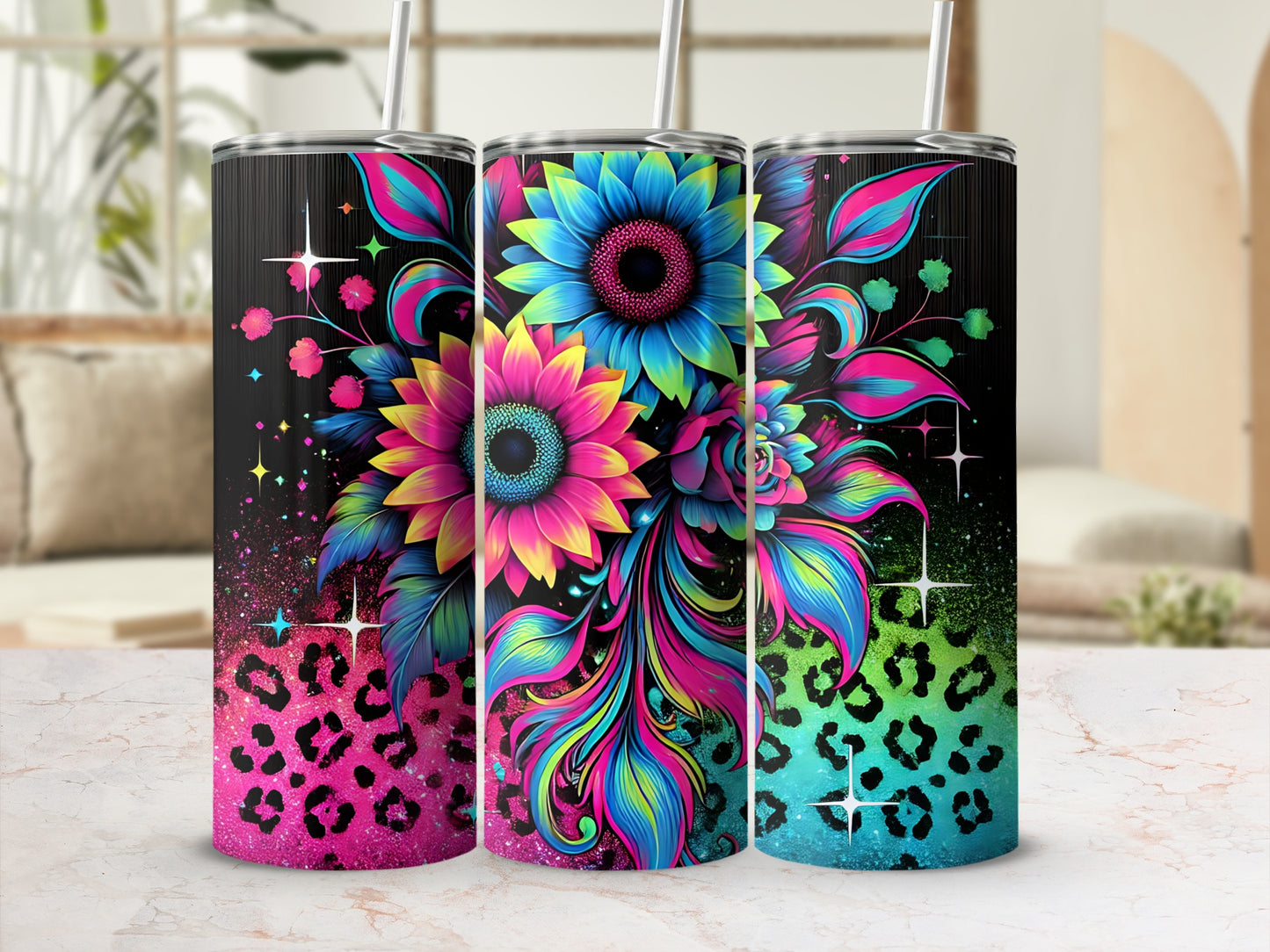 Colorful Neon Floral Leopard Insulated Tumbler Cup