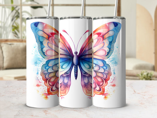Three tumblers featuring a colorful watercolor butterfly design.