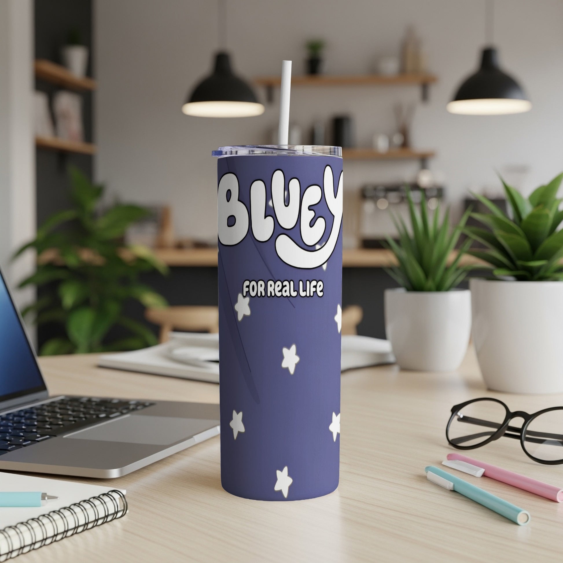 Bluey "For Real Life" tumbler with white stars on a navy background.