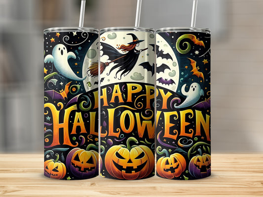 Three tumblers with a "Happy Halloween" design featuring ghosts, pumpkins, bats, and a witch.