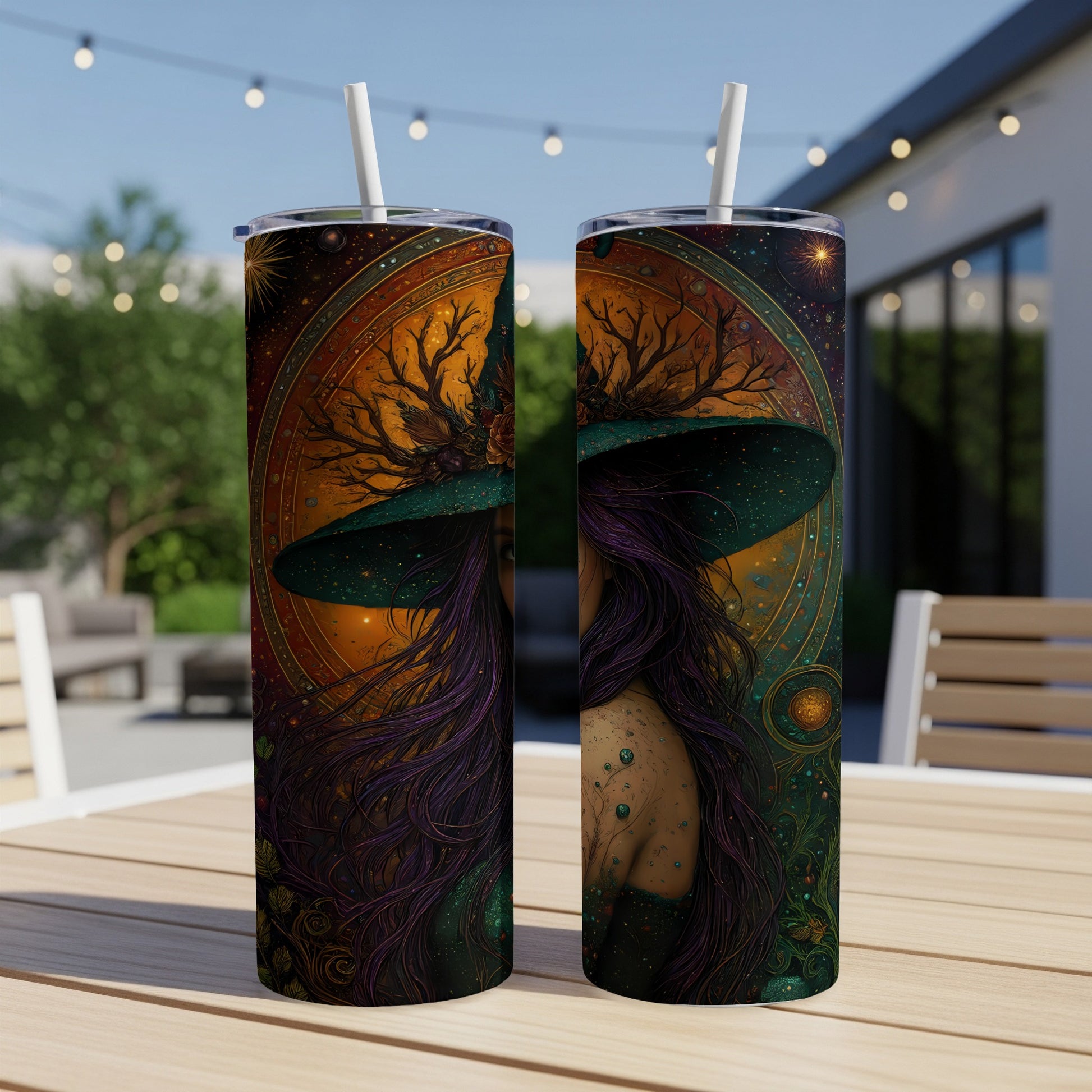 Two tumblers with a witch graphic, featuring purple hair and a green hat.