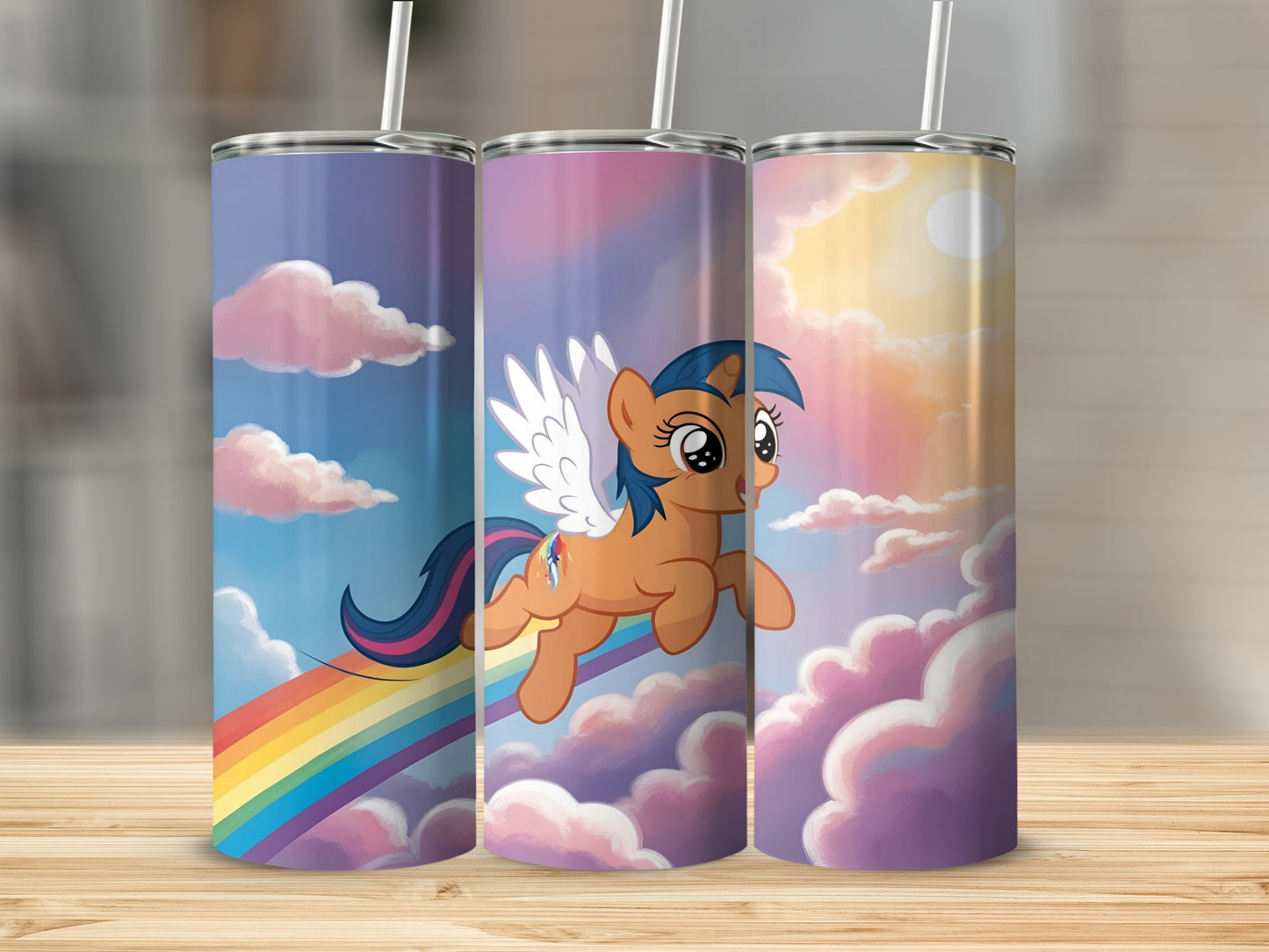 Brown unicorn with rainbow wings flies through colorful clouds with rainbow.