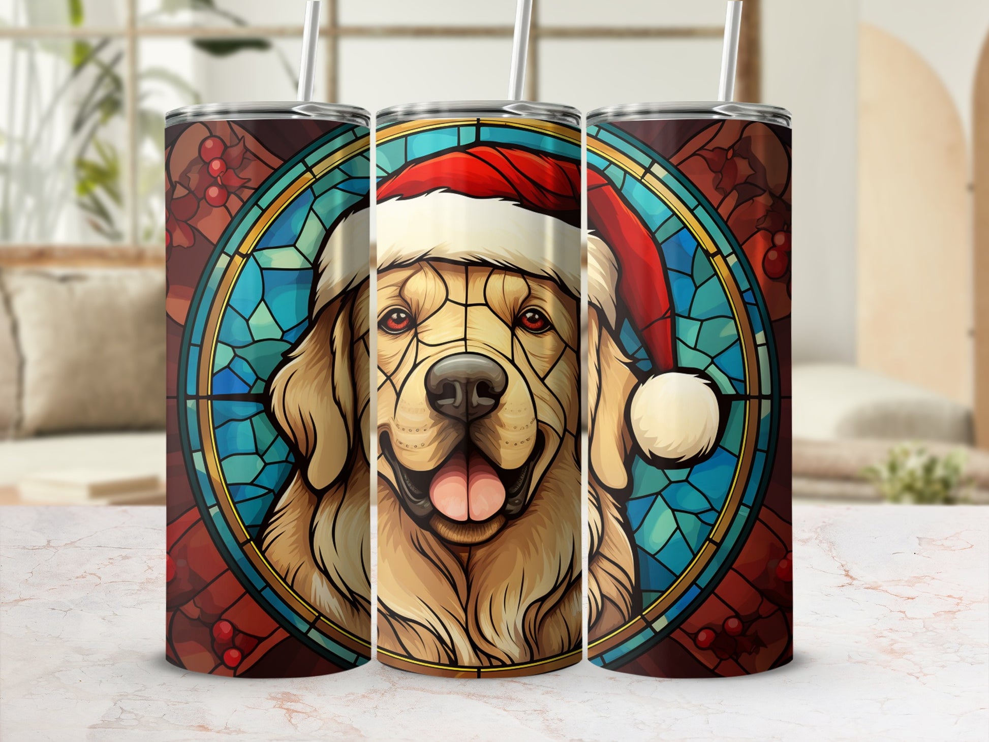 Golden Retriever in Santa hat, stained glass design, on tumbler