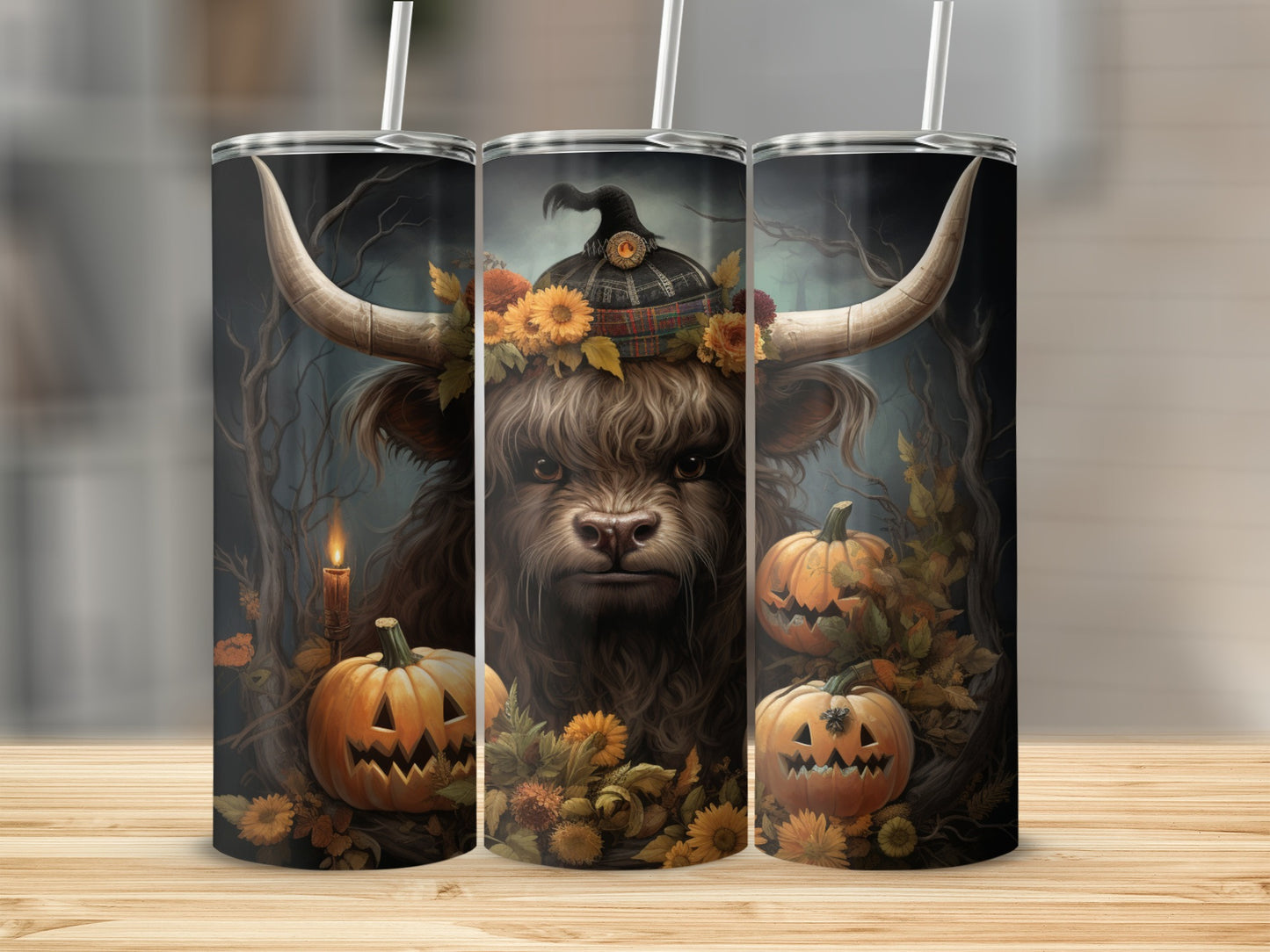 Spooky Highland Cow with Pumpkins Halloween Tumbler