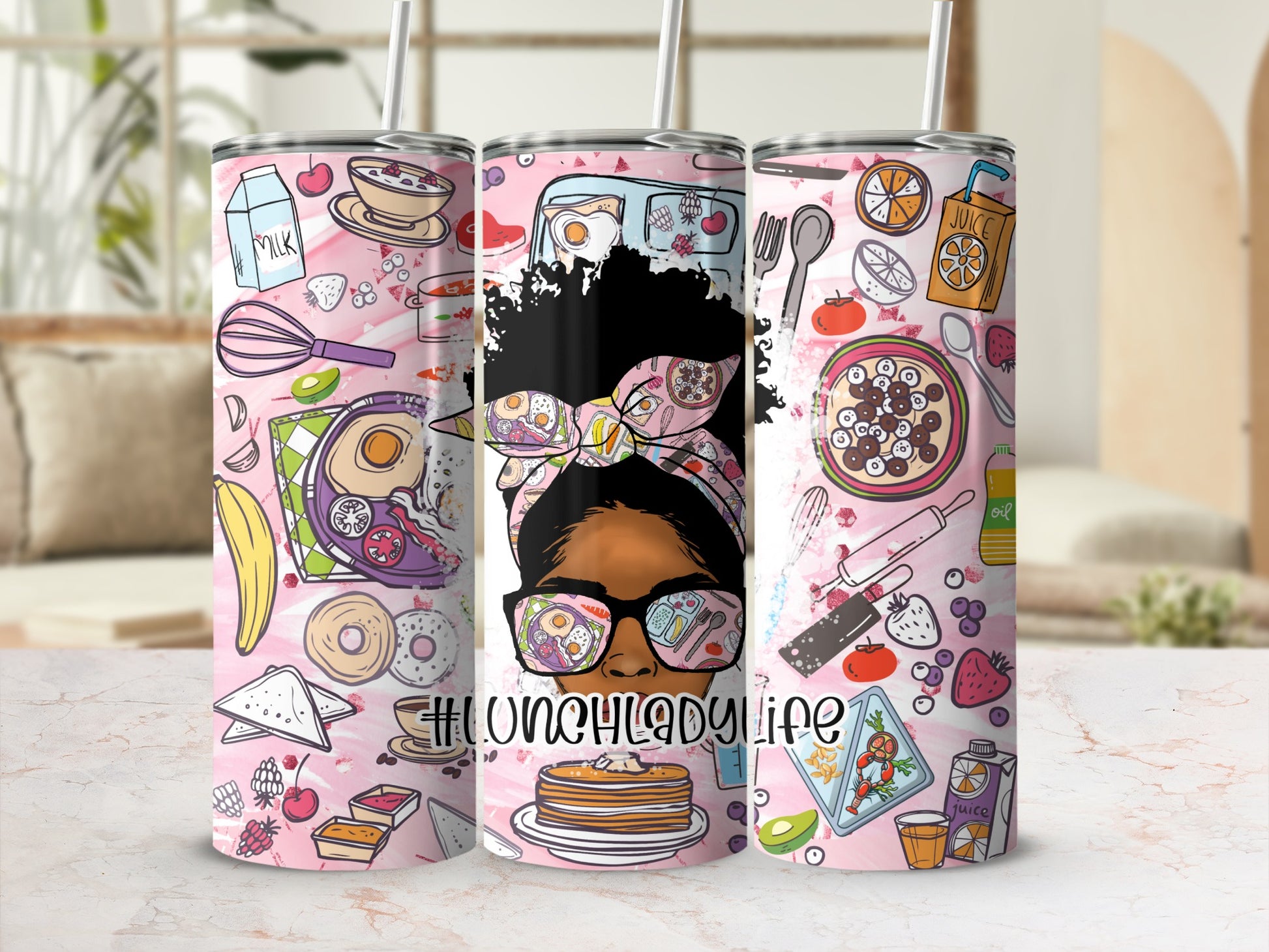 Tumbler with colorful food illustrations and a woman's face wearing sunglasses.