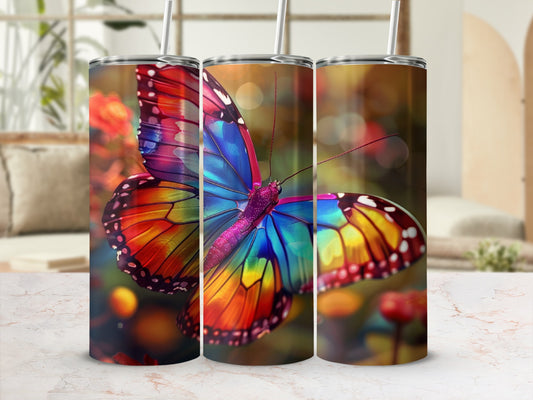 Three tall tumblers featuring a vibrant, colorful butterfly on a bokeh background.