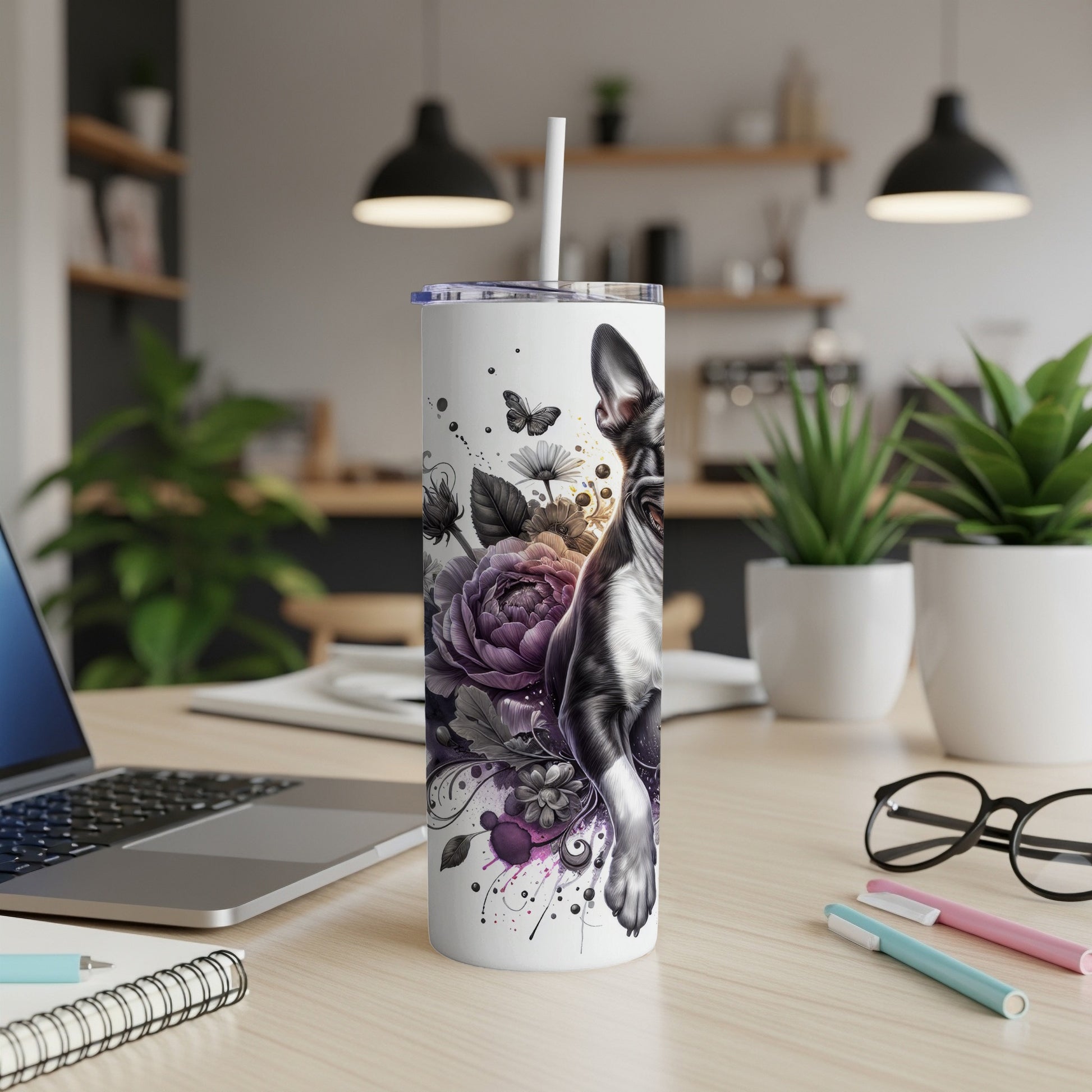 White tumbler with Boston Terrier and floral design.