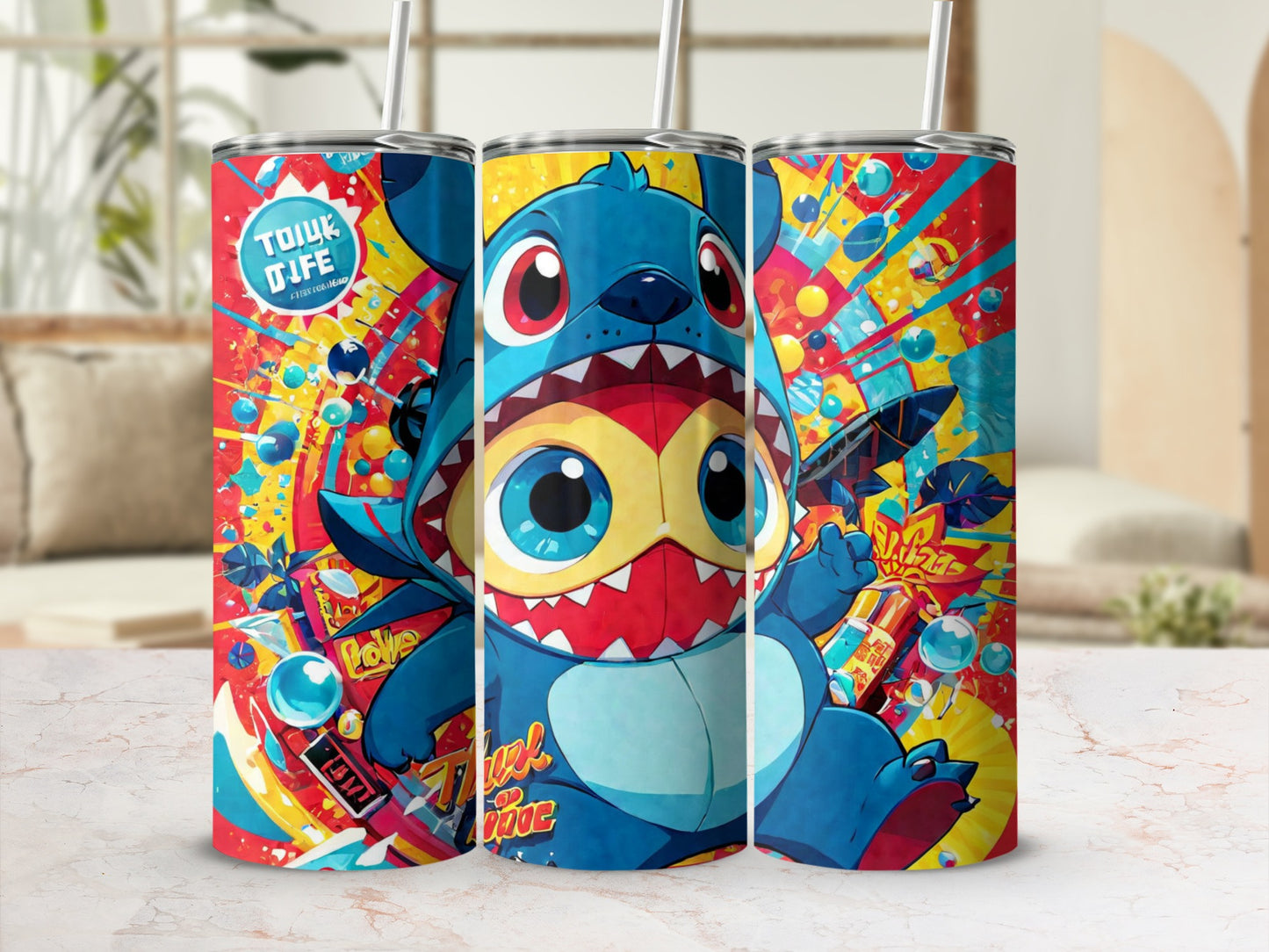 Blue character with large ears and red and yellow costume on a colorful background.