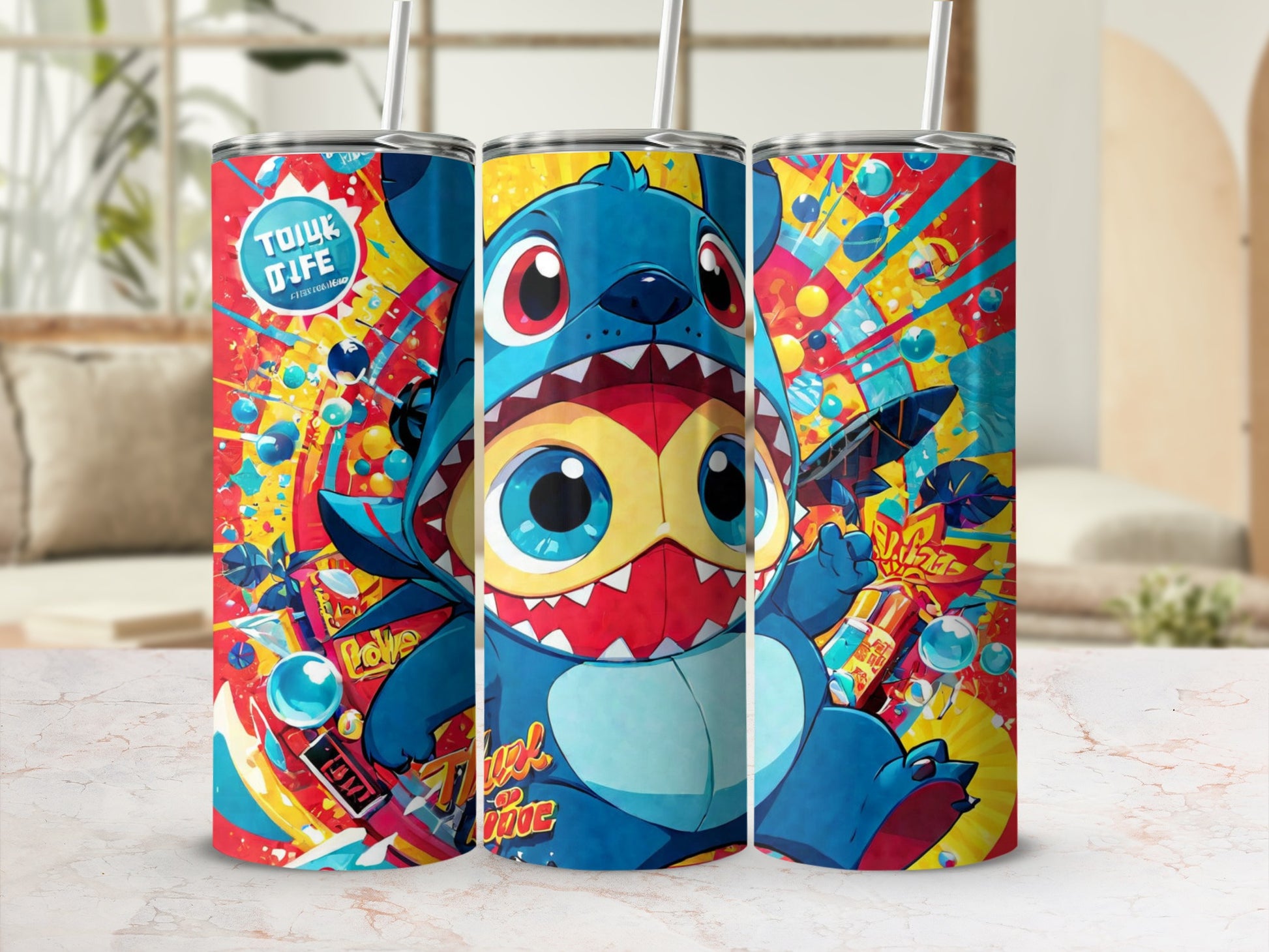 Blue character with large ears and red and yellow costume on a colorful background.