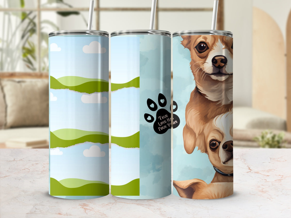 Three tumblers featuring cartoon dogs and a paw print with text.