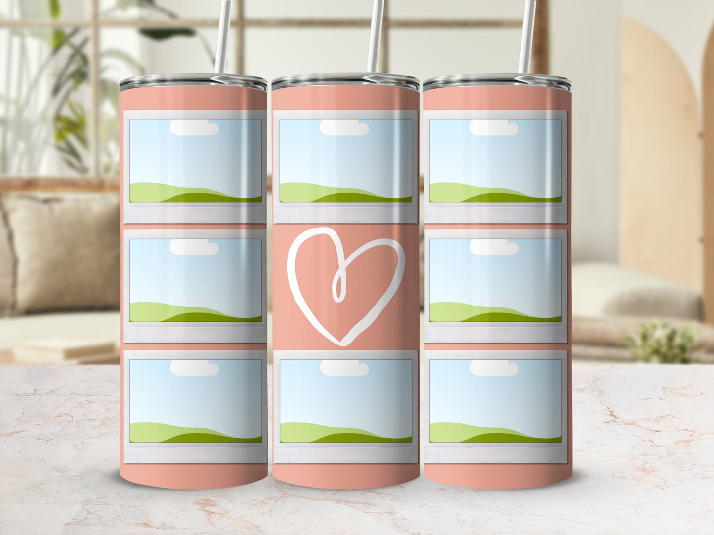 Tumbler with nine photo frames, one with a heart outline.
