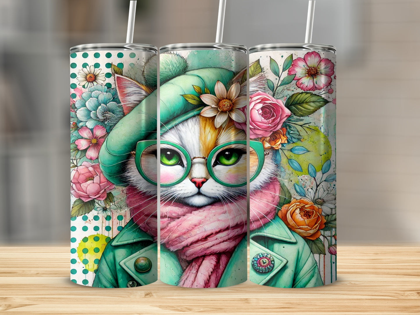 Colorful Cat with Glasses Cute Floral Art Tumbler