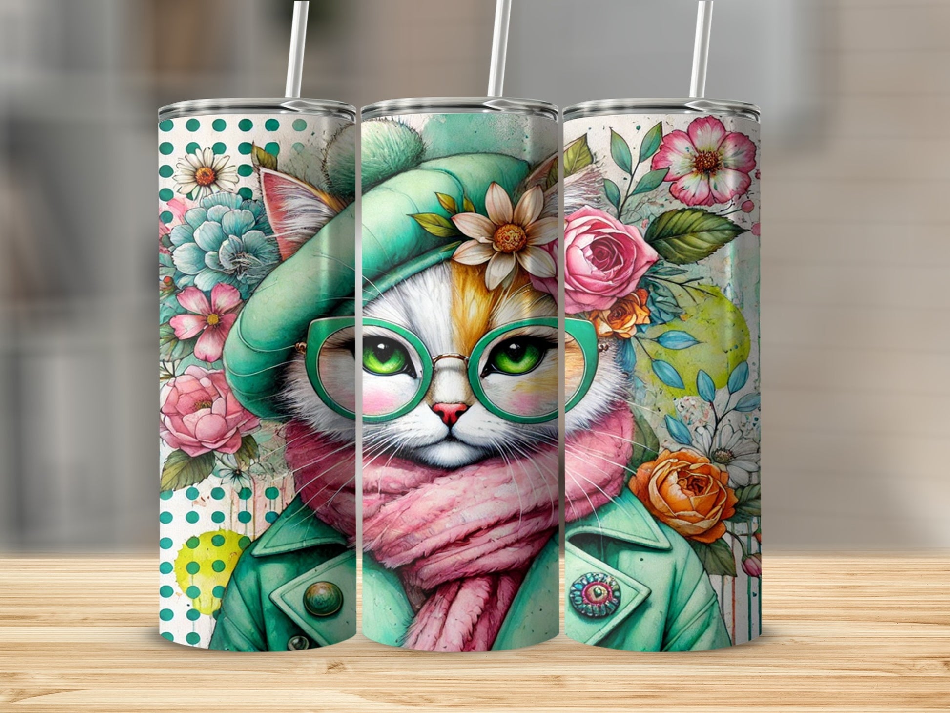 Colorful Cat with Glasses Cute Floral Art Tumbler