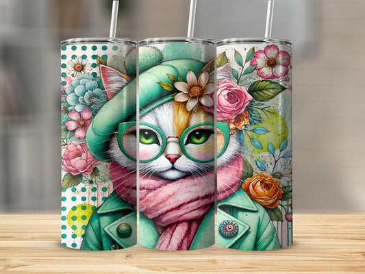 Colorful Cat with Glasses Cute Floral Art Tumbler