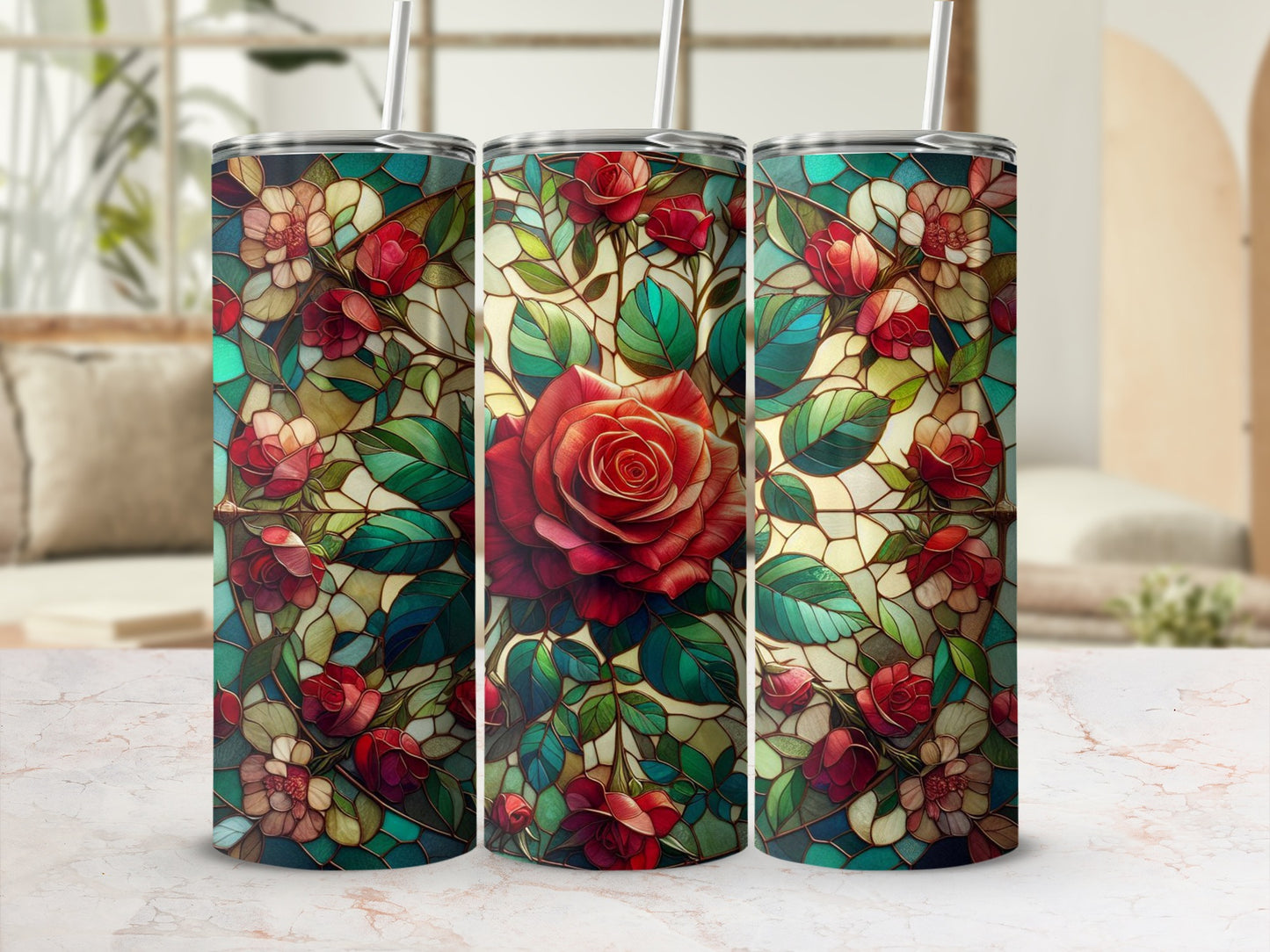 Three tumblers featuring a stained-glass floral design with red roses.