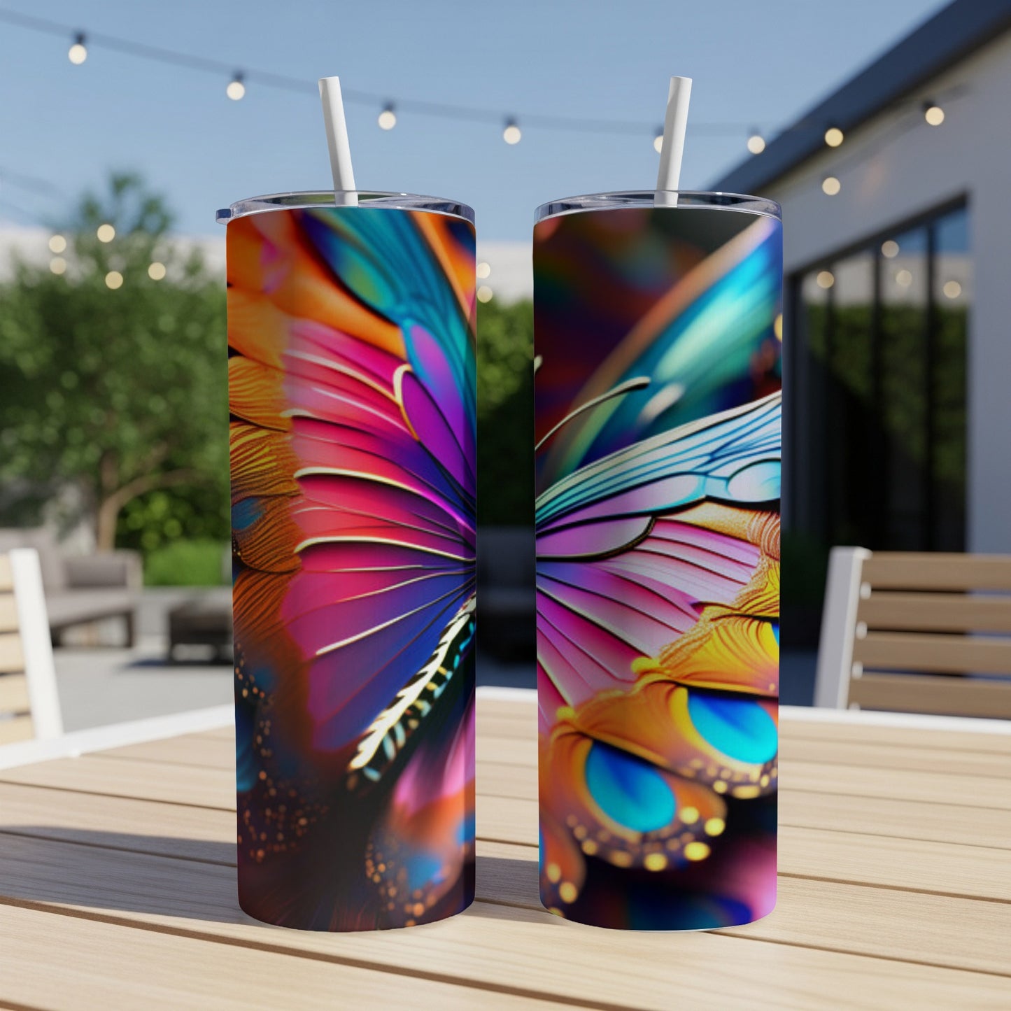 Two tumblers with vibrant, colorful butterfly wing designs, placed on an outdoor table.