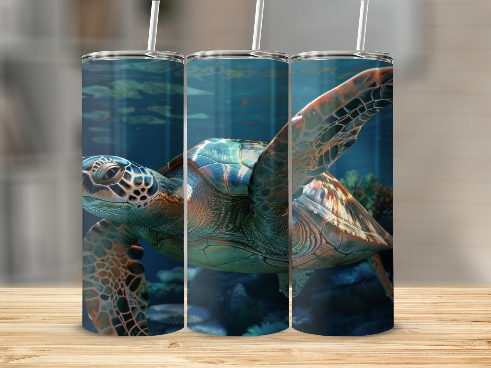 Sea turtle swimming underwater with coral and rocks.