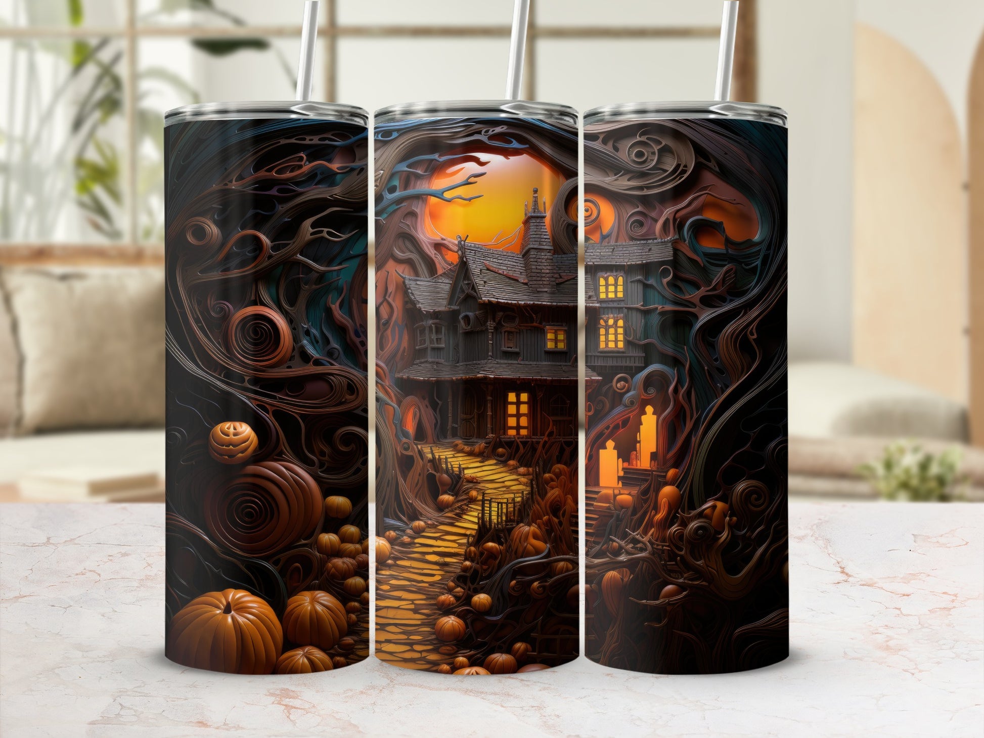Halloween tumbler with spooky house, pumpkins, and twisted trees under an orange moon.