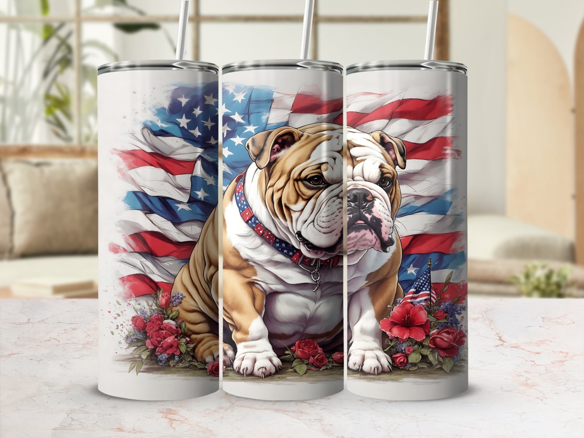 English Bulldog in front of American flag with red roses.