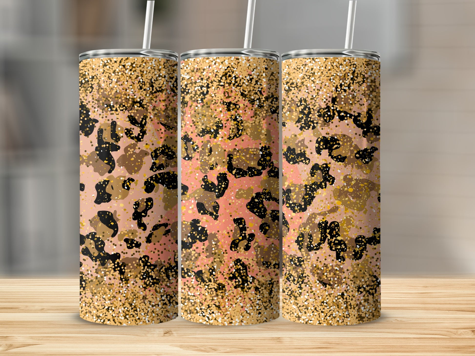 Glitter Leopard Tumbler with Straw Design 20 oz Tumbler Product