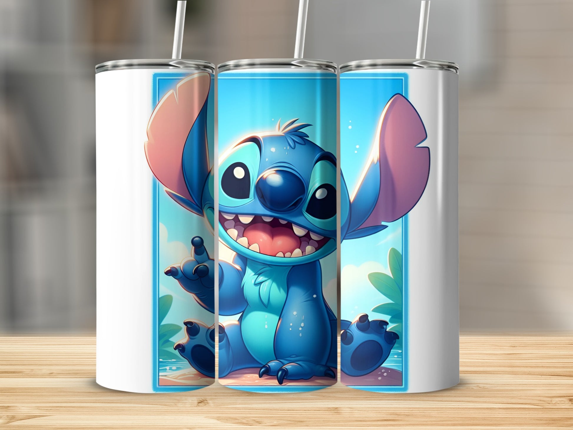 Blue alien character Stitch sitting with arms raised, smiling.