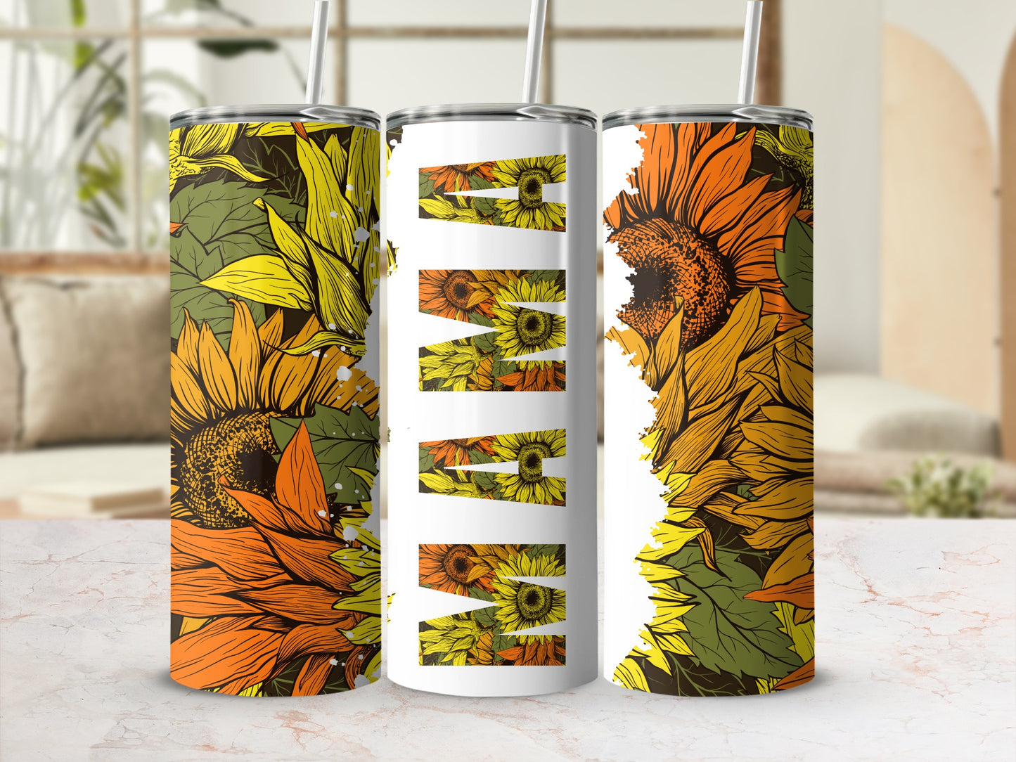 Sunflower Floral Print Double-Walled Stainless Tumbler