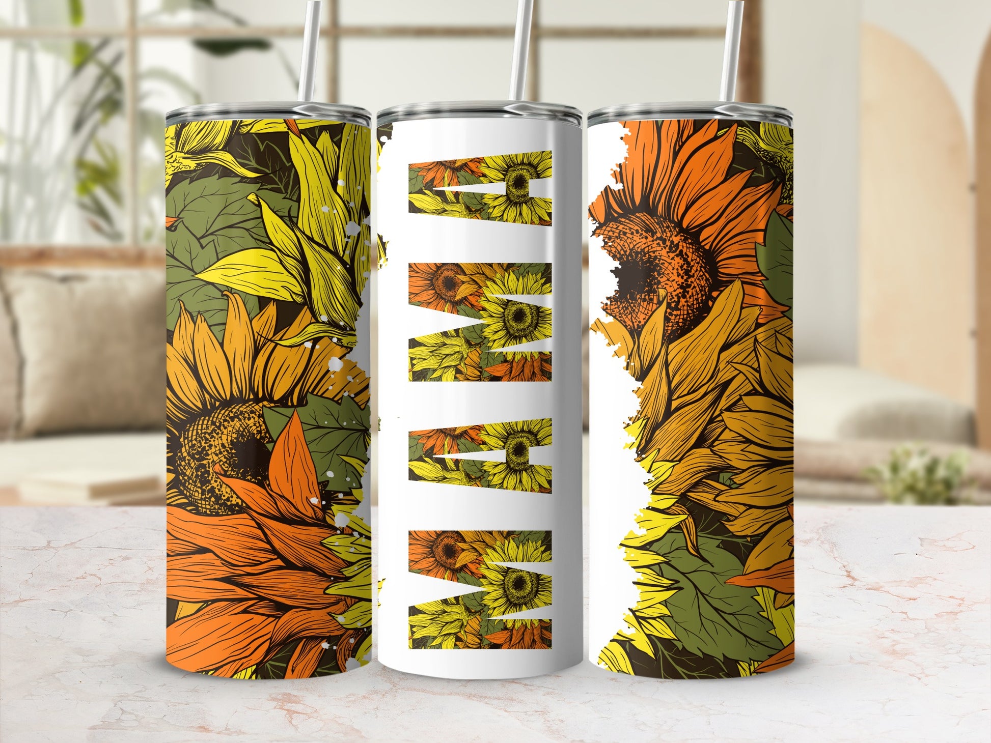 Sunflower Floral Print Double-Walled Stainless Tumbler