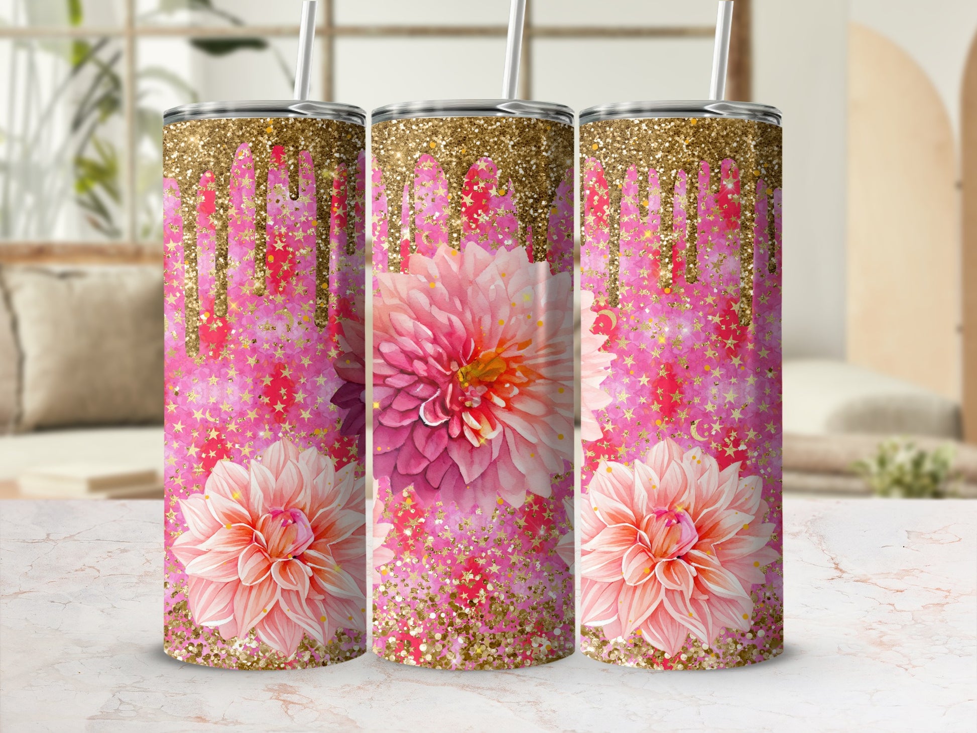 Pink and Gold Glitter Tumbler with Floral Design