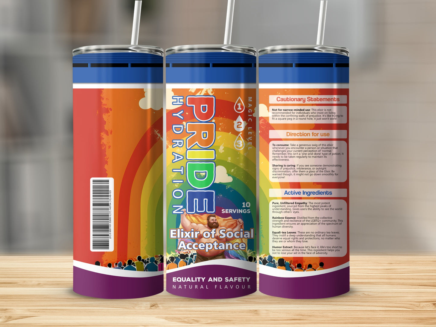 Tumbler featuring "PRIDE Elixir of Social Acceptance" with rainbow and LGBTQ+ community imagery.
