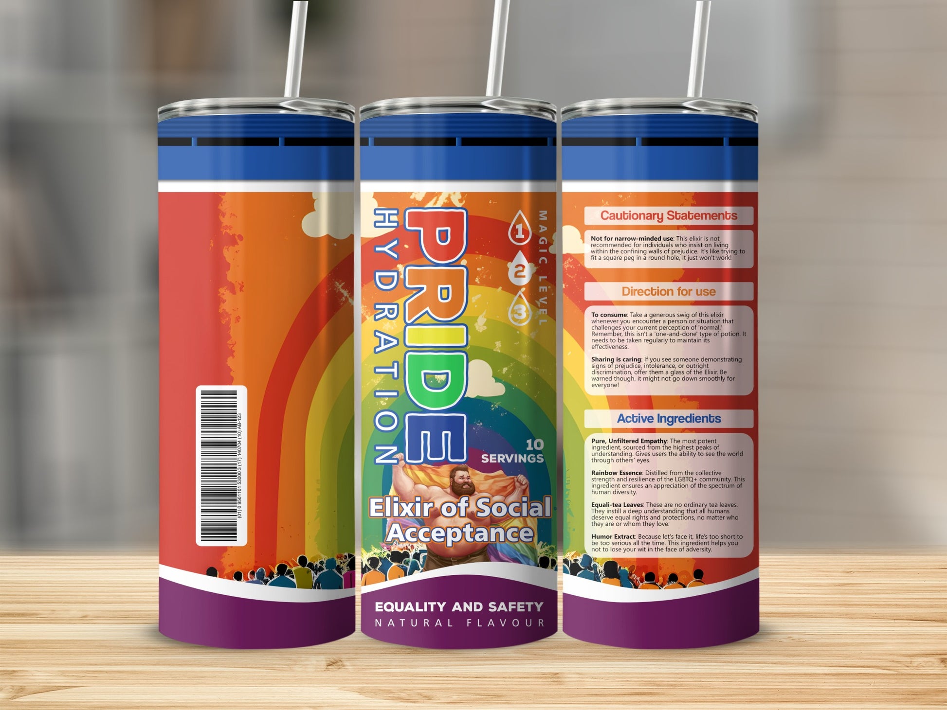 Tumbler featuring "PRIDE Elixir of Social Acceptance" with rainbow and LGBTQ+ community imagery.