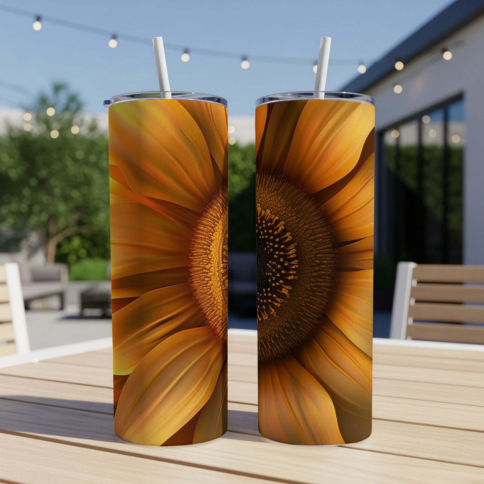 Two tumblers with a close-up sunflower design sit on a table outdoors.